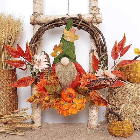 Fall Wreath with Plush Gnome, 15 Inch Artificial Grapevine Wreath with Flowers - Picture 7 of 7